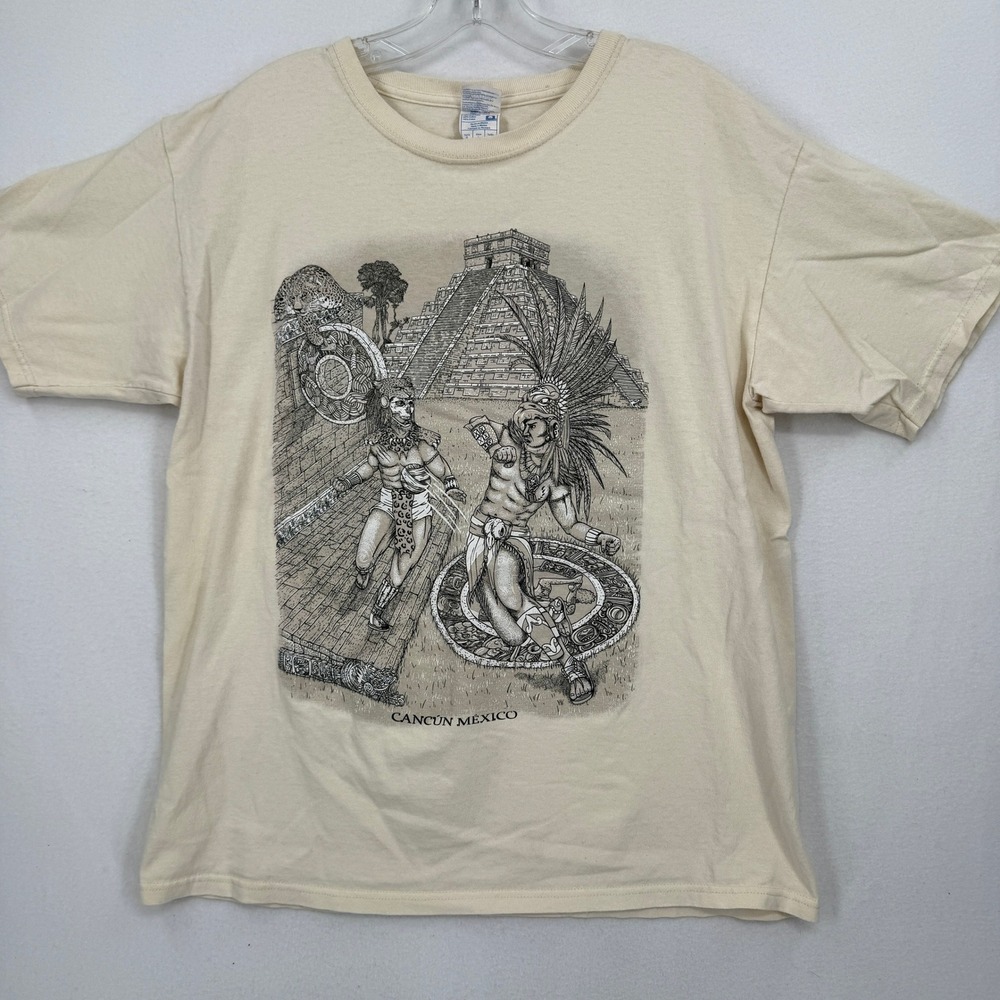 Yazbek Graphic T-Shirt Mens Large Cream Cancun Mexico Mayan Pyramid Cotton Tee
